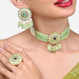 Zaveri Pearls Green Multistrand Beaded Kundan Choker Necklace Earring & Ring Set-ZPFK15939-image-22