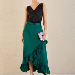First Resort By Ramola Bachchan Teal Satin Frill Long Skirt-image-98