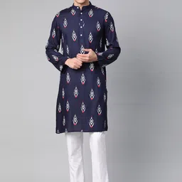 Tulsattva Men Navy Blue Ethnic Motifs Printed Kurta with Pyjamas-image-14
