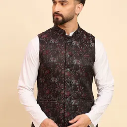House of Pataudi Men Woven Design Mandarin Collar Nehru Jacket-9