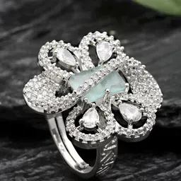 KARATCART womens Silver-Plated Light Green CZ Studded Adjustable Finger Ring-image-54