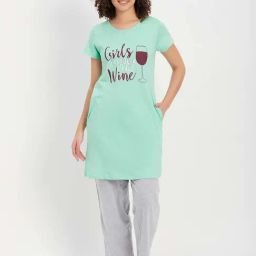Clovia Green & Grey Cotton Printed Sleep Tees Pyjamas Set-image-5
