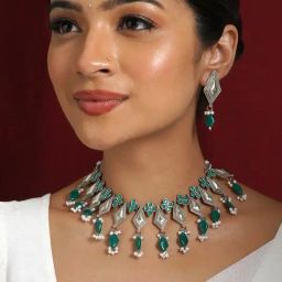 Teejh Sakvarbai Silver Oxidised Green Necklace Set-image-97