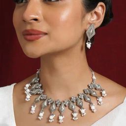 Teejh Sanghamitta Silver Oxidised White Necklace Set-image-124