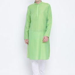 NAMASKAR Men Green & White Cotton Solid Kurta with Churidar-13