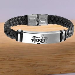 M Men Style Men Silver-Plated Mahadev Braided Leather Cuff Bracelet-image-102