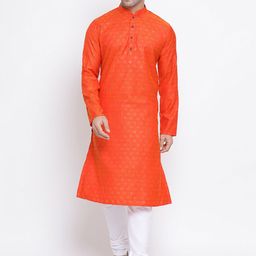 NAMASKAR Men Orange Cotton Printed Kurta with Churidar-image-14