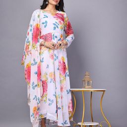 Femvy Floral Printed Round Neck Anarkali Kurta With Dupatta-34