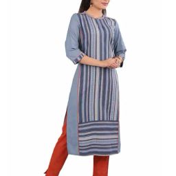 Aurelia Blue Mandarin Neck Striped Kurta-image-51