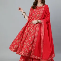 Ishin Women Red Ethnic Motifs Printed Pure Cotton Kurta with Palazzos & With Dupatta-image-3