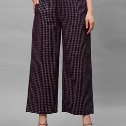 Indo Era Women Navy Blue & Pink Checked Cotton Ethnic Palazzos-picture-34
