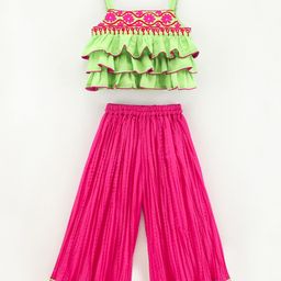 Twisha Sleeveless Floral Embroidered Ruffled Top With Pleated Palazzo - Green-image-81
