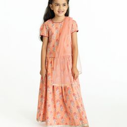 Campana Half Puffed Sleeves All Over Floral Print Lace Trim Detailing Choli & Lehenga Set - Peachy Pink-picture-21