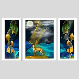 Wens Set Of 3  Vastu Deer Modern Art Painting - White-image-96