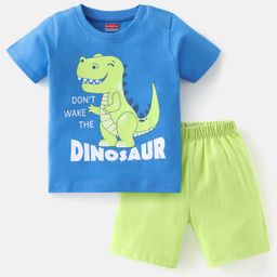 Babyhug Cotton Knit Half Sleeves Night Suit with Dino Print - Blue & Green-image-5