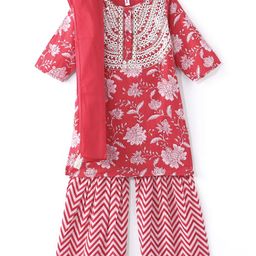 Babyhug 100% Cotton Three Fourth Sleeve Floral Printed Kurti with Gharara and Dupatta - Coral-image-89