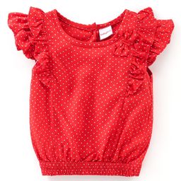 Babyhug Cotton Rayon Woven Frill Sleeves Polka Dots Print Top with Bow - Red-image-15