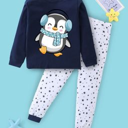 BLUSHES Full Sleeves Penguin Printed Night Suit - Navy Blue & White-image-1