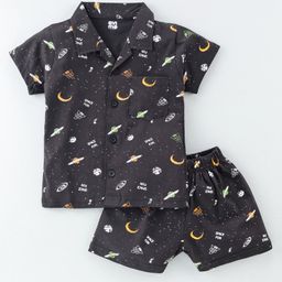 Evimo Single Jersey Half Sleeves Night Suit Space Print - Black-image-12