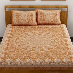 UniqChoice Color 100 Percent Cotton Jaipuri Traditonal Double BedSheet With 2 Pillow Cover - Mustard-image-15
