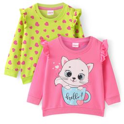 Babyhug Cotton Knit Full Sleeves Sweatshirts With Kitty & Heart Print Pack of 2 - Green & Pink-image-58
