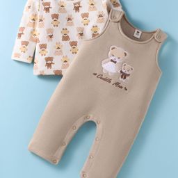 ToffyHouse 100% Cotton Knit Full Sleeves Bear Printed T-Shirt & Embroidered Dungaree Style Romper - Tan-image-91