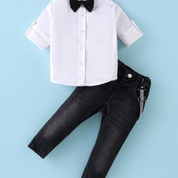 Simply Premium Woven Half Sleeves Solid Shirt & Trouser Set with Bow & Suspender - White-image-87