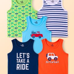 Doodle Poodle 100% Cotton Knit Sleeveless Striped & Vehicle Printed Set Of Vests Pack Of 5 - Limegreen White & Navy-11