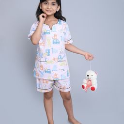 Little Clothing Cotton Woven Half Sleeves Animal Printed Coordinating Shirt With Shorts - Pink-image-101