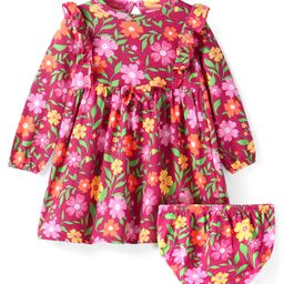 Babyhug Single Jersey Knit Full Sleeves Frill Detailing Frock with Bloomer Floral Print - Maroon-picture-48