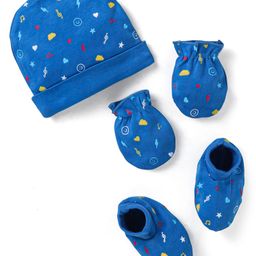 Babyhug 100% Cotton Emoticons Printed Cap Mittens & Booties - Blue-20