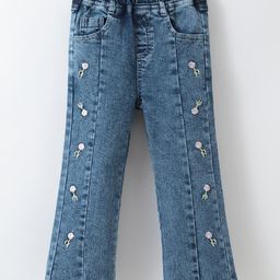 Kookie Kids Full Length Washed Denim Bell Bottom Jeans with Floral Embroidery - Blue-image-49