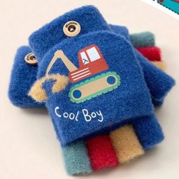 Ziory Wool Cool Boy Text & Vehicle Printed & Colour Blocked Half Finger Gloves - Blue-image-37