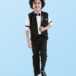 Rikidoos Full Sleeves Solid Shirt With Embelished Waistcoat Pant & Bow Set - Black & White-image-22