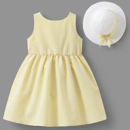 Mark & Mia Sleeveless Checkered Frock with Bow Detailing at the Back & Hat - Yellow-image-97