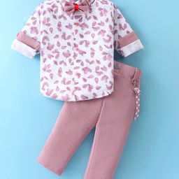 Rikidoos Full Sleeves Leaves Printed Shirt With Solid Pant Bow & Suspender - White & Pink-picture-28