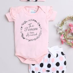 BUMZEE Cotton Woven Half Sleeves Text Printed Onesie & Shorts With Bow Applique & Headband - Pink & White-image-14