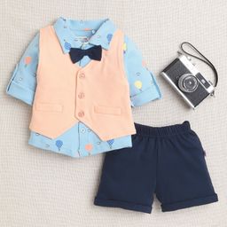 BUMZEE Cotton Full Sleeves Hot Air Balloons Printed Bow Applique Detailed 3 Piece Party Suit Set - Sky Blue & Navy Blue-image-72