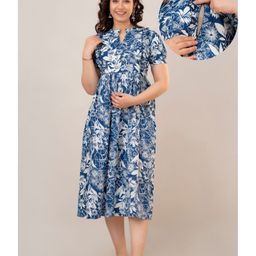 CeleBravo Cotton Half Sleeves Floral Printed Maternity Dress With Nursing Access - Blue-image-20