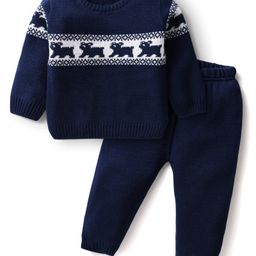 Babyhug Knitted Full Sleeves Sweater Set With Animal Design - Navy Blue-picture-23