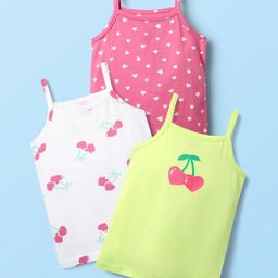 Babyhug 100% Cotton Single Jersey Knit Sleeveless Slips With Heart & Tropical Theme Print Pack Of 3 - Pink White & Light Green-image-87