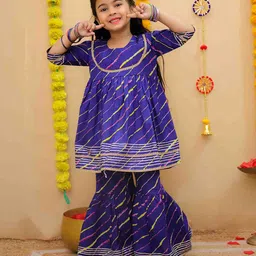 Little Ginnie Cotton Woven Three Fourth Sleeves Leheriya Printed Gota Lace Embellished Coordinating Kurta & Sharara Set - Purple-picture-21