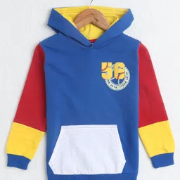 BUMZEE Looper Knit Full Sleeves Baseball Printed Hooded Sweatshirt With Kangaroo Pockets - Royal Blue-picture-6