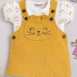 Wonderchild Animals Patch Detailed & Printed Pinafore Dress With Half Sleeves Top Set - White & Mustard-image-42