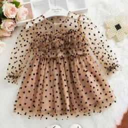 tior Net Woven Full Peasant Sleeves Hearts Printed Dress - Brown-picture-13