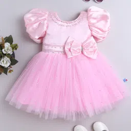 Many frocks & Satin Woven Balloon Sleeves Pearl Embellished Dress - Pink-picture-0