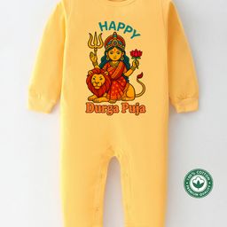BLUSHES 100% Cotton Knit Durga Puja Theme Full Sleeves Happy Durga Puja Text Printed Romper - Yellow-picture-16