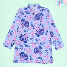 Kiddopanti Cotton Woven Full Sleeves Floral Printed Kurta - Sky Blue & Pink-picture-43