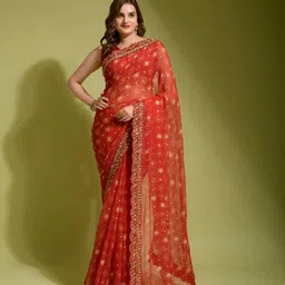 CANIZZARO Floral Printed Sequinned Pure Chiffon Saree-picture-35