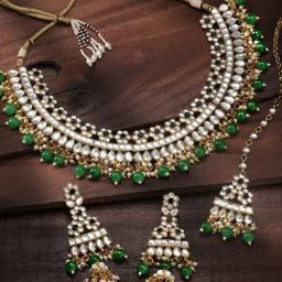 Peora Gold-Plated Kundan Studded Choker Necklace with Earring Maang Tikka Jewellery Set-image-66